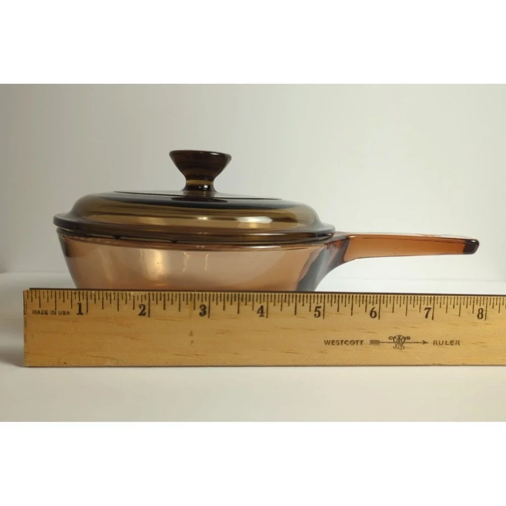 Visions Corning Amber Pyrex Glass 0.5L Sauce Pan Pot with Lid USA Vintage